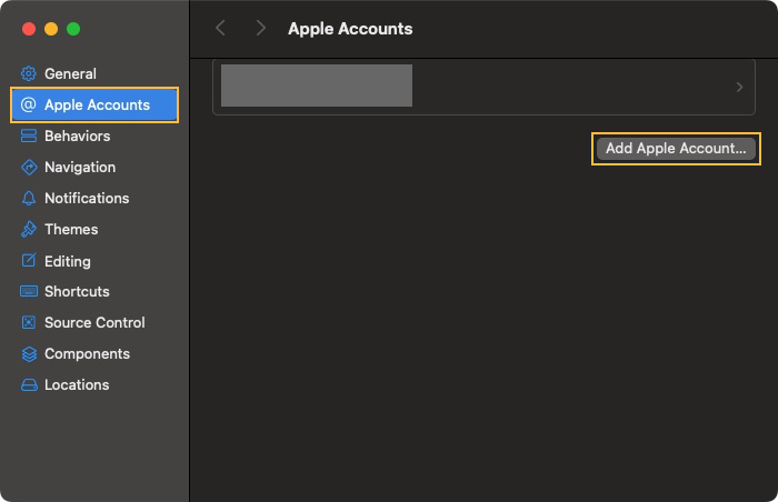 Xcode Apple Accounts 页面，姓名和 Apple ID 已遮盖，黄色框标出账户分类与 Add Apple Account 按钮