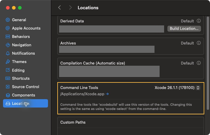 Xcode Locations 页面，个人路径已遮盖，黄色框标出 Command Line Tools 及当前选择的 Xcode